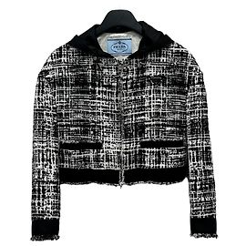 Prada Tweed Front Triangle Logo Hooded Jacket Brown