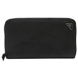 Prada Saffiano Leather Zipper Long Wallet Black Black