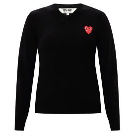 Comme Des Garcons Doubleheart Patch Wool V-Neck Knit Black