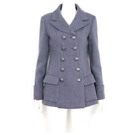 Chanel Wool Blended Double Short Coat Women's Jacket Blue