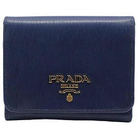 Prada Navy Vitello Move Gold-Plated Tri-Fold Wallet Blue