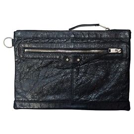 Balenciaga Black Lambskin Classic Motor Clip Medium Unisex Clutch Black