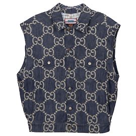 Gucci Blue Ivory Jumbo GG Jacquard Denim Pineapple Vest Blue