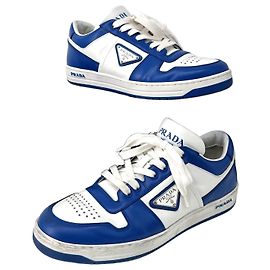 Prada Baskets en cuir Downtown White Cobalt Blue Bleu