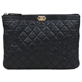 Chanel Boy Clutch Lambskin New Medium Black Goldtone Black
