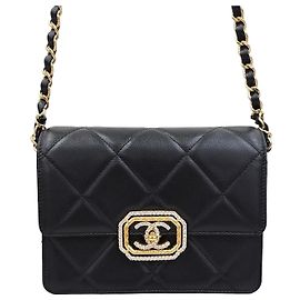 Chanel Nova Mini Flap Bag em pele de vitelo Strass Ouro Metal Interior Chip Preto