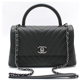 Dark Grey Chevron Caviar Silver Chanel Coco Handle Medium Shoulder Bag Brown