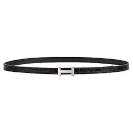 Hermès Mini Cinto com Fivela de Couro de Crocodilo Feminino Prata Focus Noir Prata