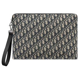 Dior Pochette con zip beige e nero in jacquard Oblique Marrone