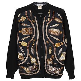 Hermès Cardigan in lana nera e seta multicolore con scollo rotondo Nero