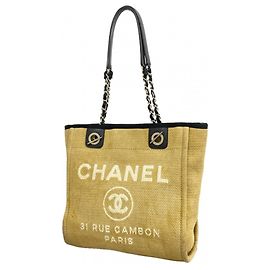 Chanel Deauville Canvas Chain Tote Bag Beige