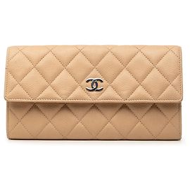Chanel Beige CC gesteppte Caviar Gusset Long Wallet Geldbörse Beige