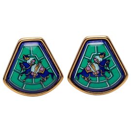Orecchini a clip Hermès Green Enamel Jockey Cloisonne Verde