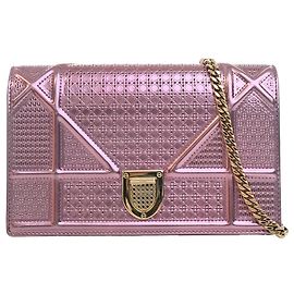 Dior Pink Metallic Patent Microcannage Diorama Wallet on Chain Pink