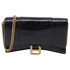 Balenciaga Hourglass Croc-Embossed Wallet On Chain in Black Leather Black