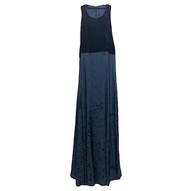 Valentino Garavani Vestido longo de seda e veludo azul marinho com padrão de pássaros Azul Azul escuro