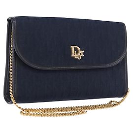 Christian Dior Trotter Canvas Chain Schultertasche Navy Gold Auth BA14376 Golden Marineblau