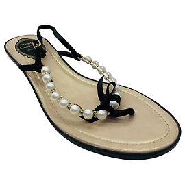 Rene Caovilla Black / Champagne Metallic Pearl and Crystal Embellished Satin Flat Thong Strap Slingback Sandals Metallic
