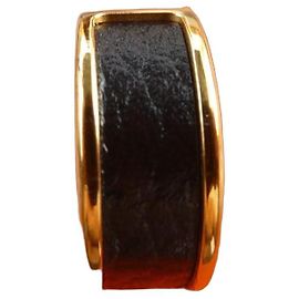 Hermès Olympe Ring Schwarz Leder Gold Größe 52 Schwarz Golden