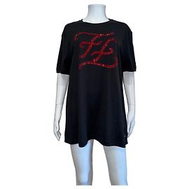 Fendi Black Cotton T-Shirt with Red Crystal FF Logo Black