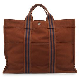 Hermès Bolsa Tote Fourre Tout MM em lona de algodão com listras marrom e azul Hermes Marrom
