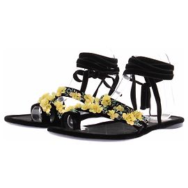 Dior Sandali in velluto neri con paillettes gialle Nero