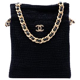 Bolso tote de compras Chanel Black CC de tweed de algodón con cordón ajustable Negro