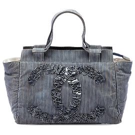 Chanel Blue CC Striped Canvas Shopper Tote Blue Other