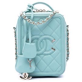Chanel Blue Caviar CC Filigree Vertical Vanity Case Blue Light blue