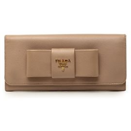 Prada Brown Saffiano Bow Continental Long Wallet Brown Flesh