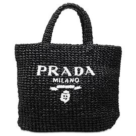 Prada Black Small Raffia Effect Crochet Embroidered Logo Tote Black