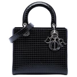 Dior Black Medium Metallic Patent Microcannage Lady Dior Noir