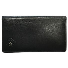 Chanel Camellia Black Leather Bi-Fold Wallet Black