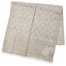 Sciarpa Gucci Stall GG Jacquard in lana e seta Mini Fringe Marrone Beige
