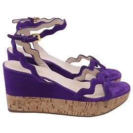 Prada Wavy Strap Accent Wedge Sandals in Violet Suede Purple