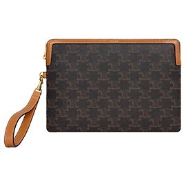 Céline Triomphe Canvas Small Strap Clutch Bag Tan Brown