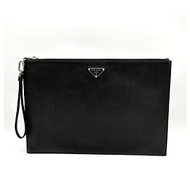 Prada Saffiano Triangle Logo Clutch Bag Black Black