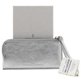 Brunello Cucinelli Metallic Silver Leather Pouch Bag with Long Wallet Silvery
