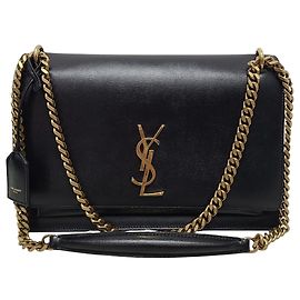 Saint Laurent Bolsa de ombro Large Chain Sunset em couro de bezerro preto com monograma dourado Preto
