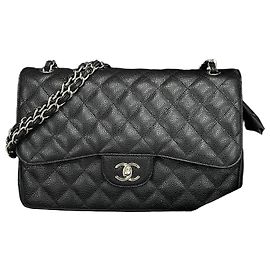 Chanel Borsa Classic Large Flap Nera Caviar Argento Nero