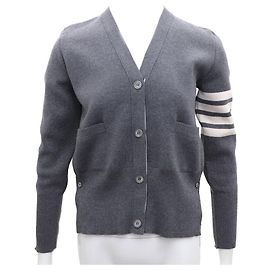 Thom Browne Cardigan de gola em V listrado em lã virgem Marrom