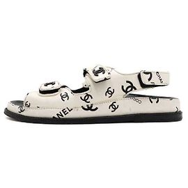 Chanel White Leather Black Multi CC Print Velcro Women's Sandals White