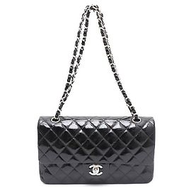 Chanel Patent Classic Medium Silver Chain Shoulder Bag Black