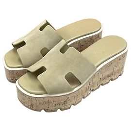 Hermès Sandales à talons compensés Eze Suede Beige Marron