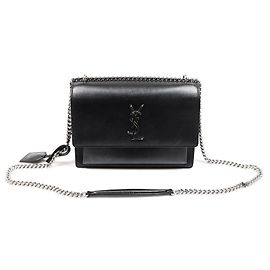 Saint Laurent Borsa a tracolla Sunset Medium in pelle di vitello nera con catena argentata Nero