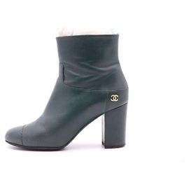 Chanel Dark Green Leather CC Zip Women's Ankle Boots Green
