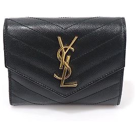 Saint Laurent Textured Black Quilted Compact Tri-Fold Wallet Black
