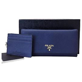Prada Saffiano Long Wallet Blue Blue