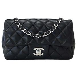 Chanel Bolsa de Ombro Classic Lambskin New Mini Silver Leather Preta Preto
