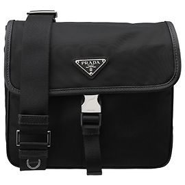 Prada Nylon Saffiano Leather Shoulder Bag Black Black